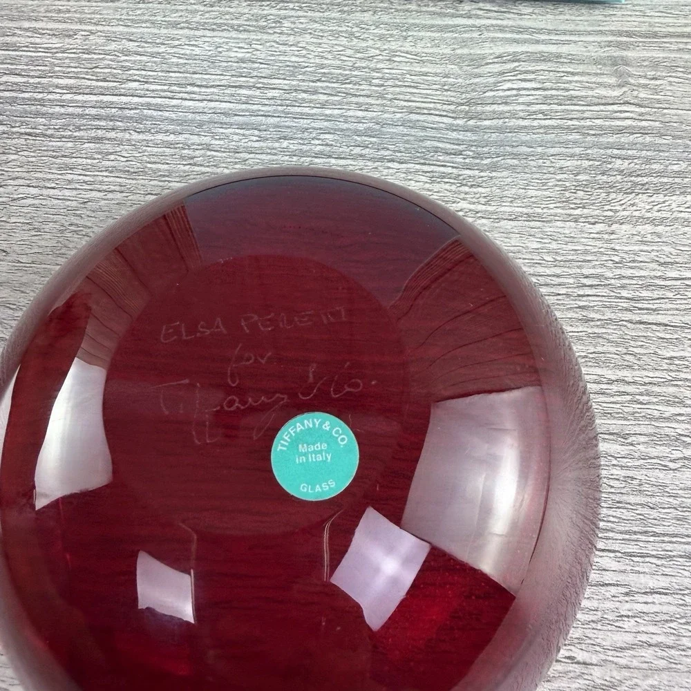 Tiffany & Co Elsa Peretti Thumbprint Dish Red Venetian Glass 24K Gold 5